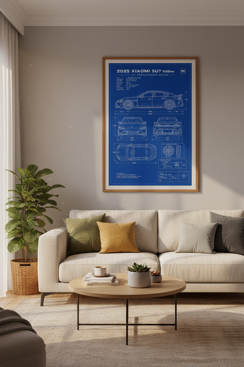 Xiaomi SU7 Ultra Blueprint Wall Art | Office Decor | EV Performance Poster