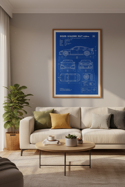 Xiaomi SU7 Ultra Blueprint Wall Art | Office Decor | EV Performance Poster