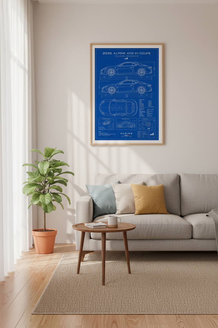 Alpine A110 EV Blueprint Wall Art | Electric Sports Car Poster | Man Cave Decor