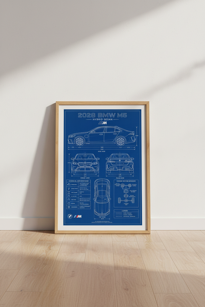 2026 BMW M5 Blueprint Wall Art | Car Enthusiast Office Decor | Hybrid Sedan Poster