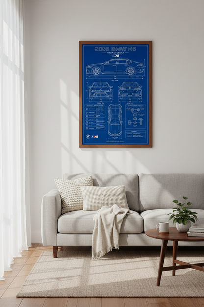2026 BMW M5 Blueprint Wall Art | Car Enthusiast Office Decor | Hybrid Sedan Poster