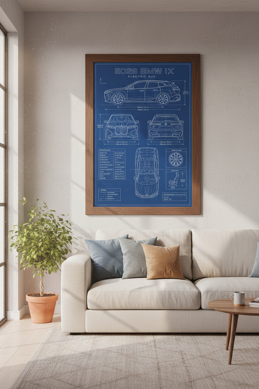 BMW iX Electric SUV Blueprint Wall Art | Office Decor | Modern Car Poster