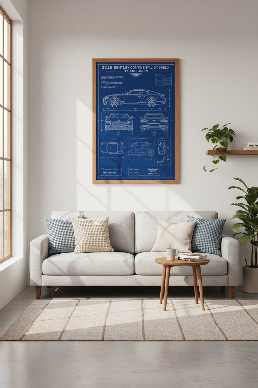 Bentley Continental GT Blueprint | Luxury Car Wall Art, Blue Office Decor