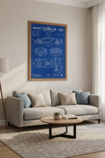 Bugatti Tourbillon Blueprint Wall Art | Hypercar Poster | Automotive Decor