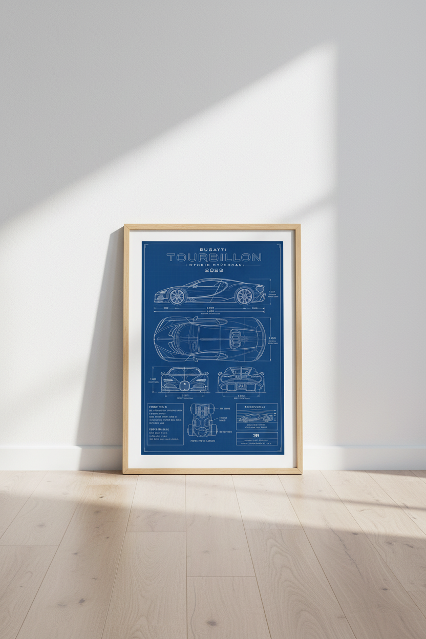 Bugatti Tourbillon Car Blueprint Wall Art | Office Decor | Hypercar Technical Poster