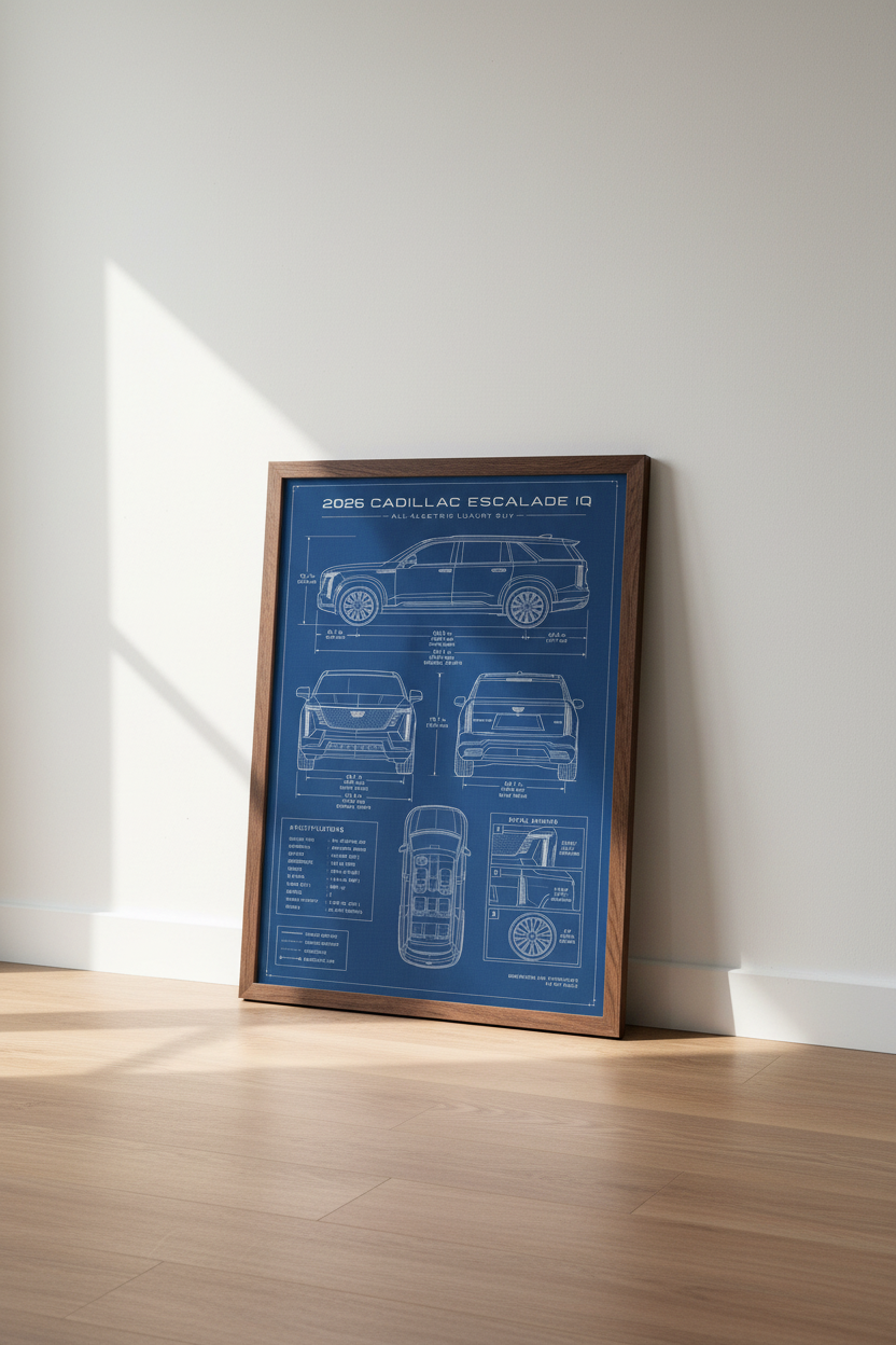 Cadillac Escalade IQ Car Blueprint | Luxury EV SUV Technical Art, Office Decor