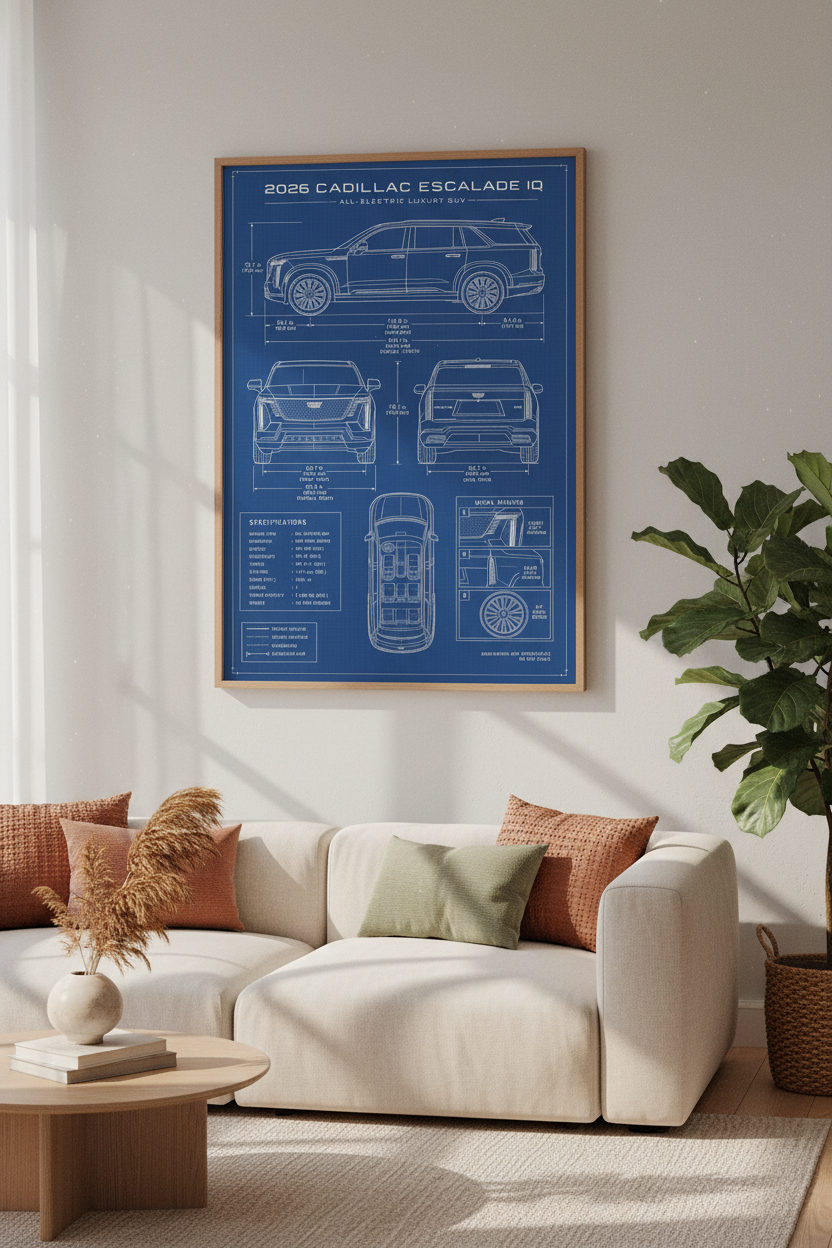 Cadillac Escalade IQ Car Blueprint | Luxury EV SUV Technical Art, Office Decor