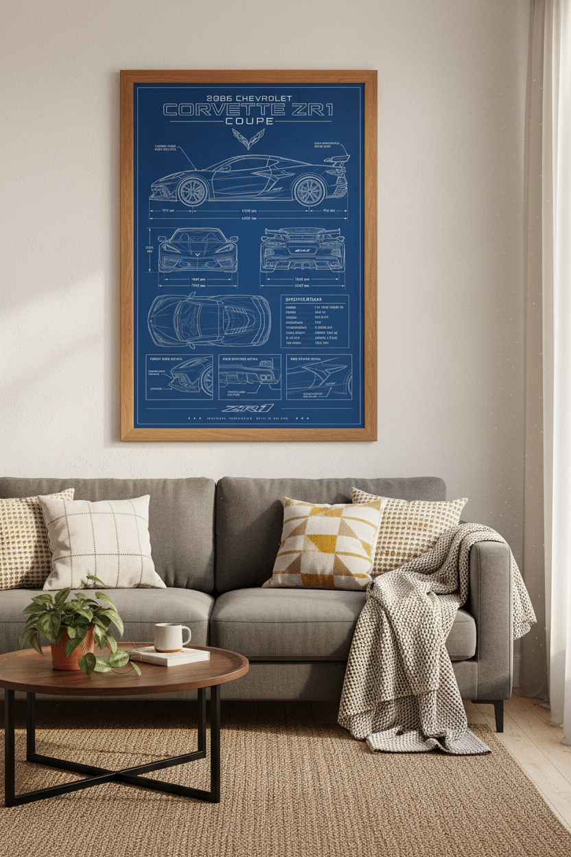 Corvette ZR1 Blueprint Wall Art | Supercar Technical Poster | Man Cave Decor