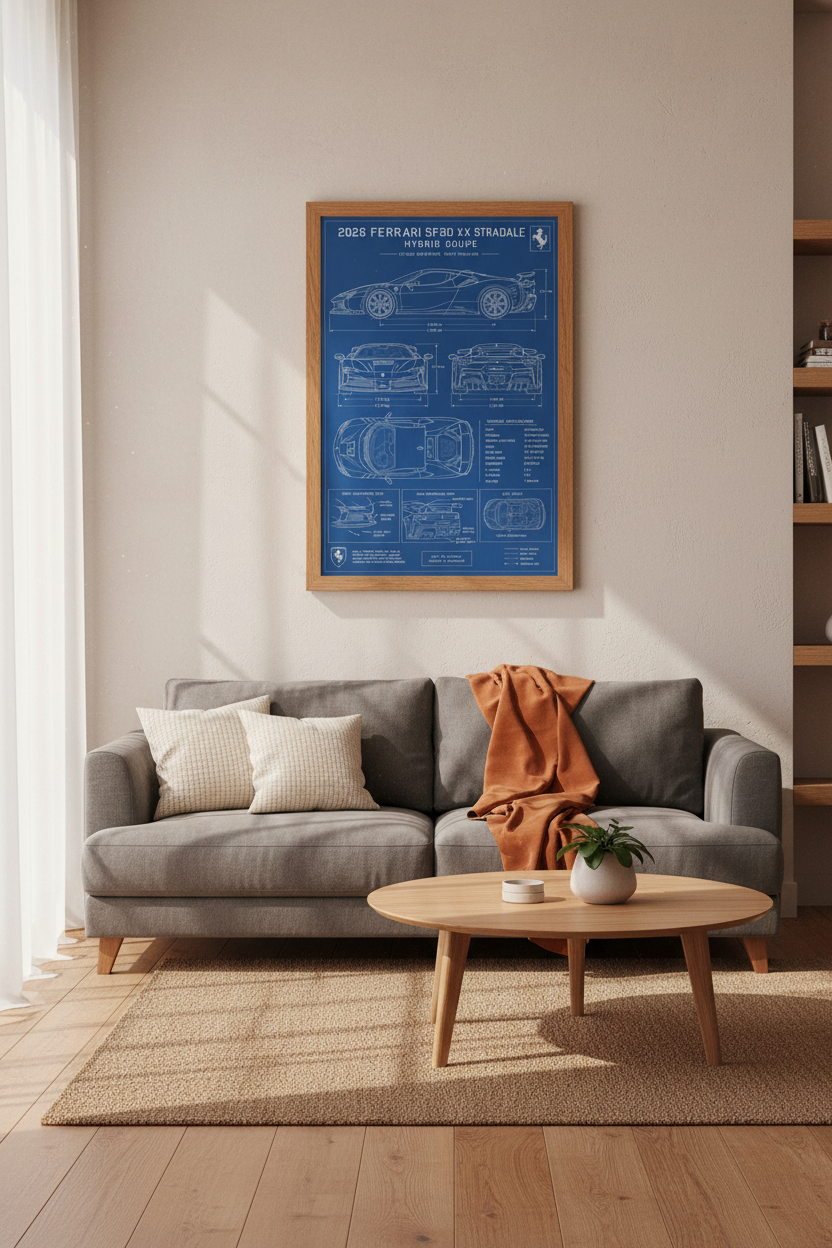 Ferrari SF90 XX Stradale Blueprint Wall Art | Office Decor | Supercar Poster