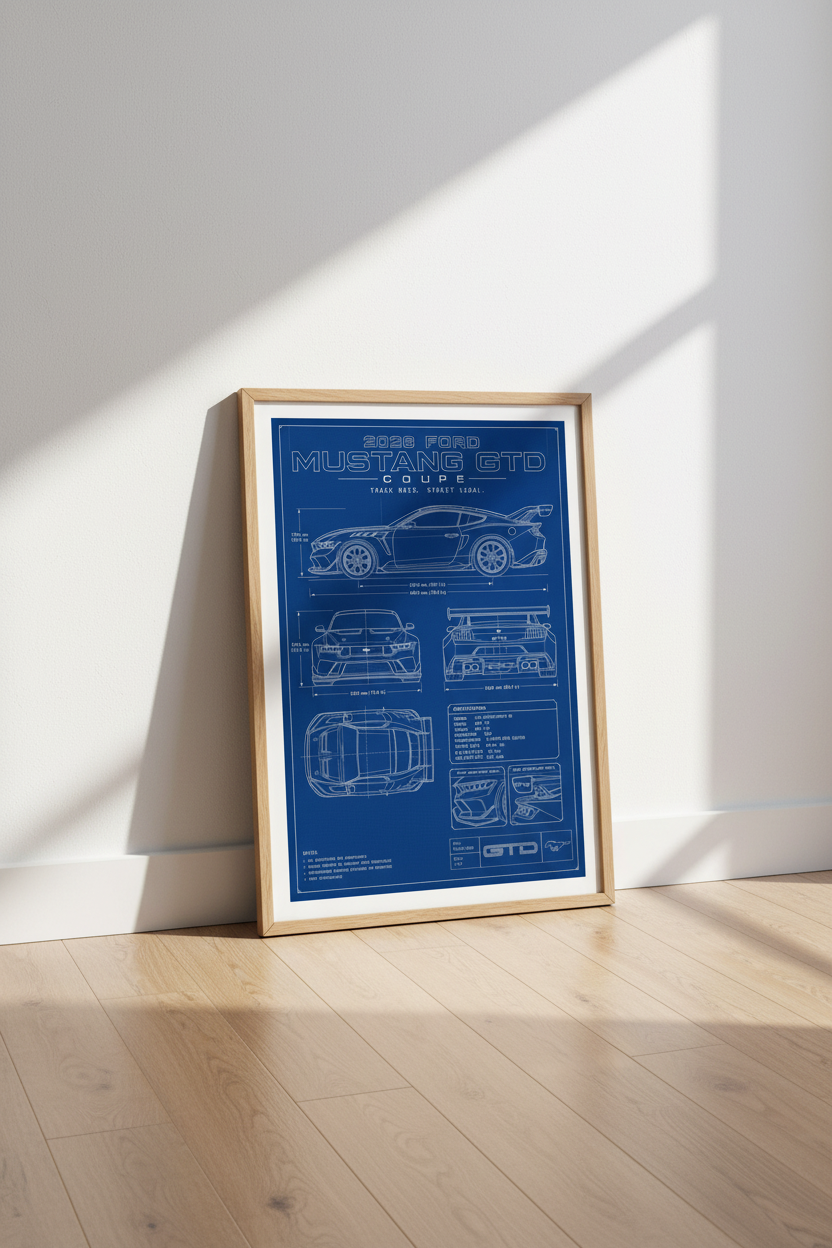 2026 Ford Mustang GTD Blueprint Wall Art | Garage Decor | Automotive Poster