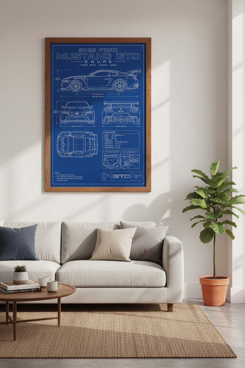 2026 Ford Mustang GTD Blueprint Wall Art | Garage Decor | Automotive Poster