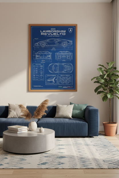 Lamborghini Revuelto Blueprint Wall Art | Garage Decor | Supercar Poster