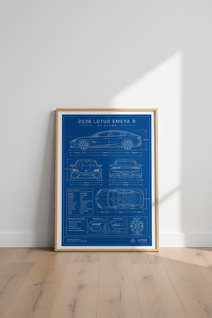 Lotus Emeya R Blueprint Wall Art | EV Sedan Technical Poster, Office Decor