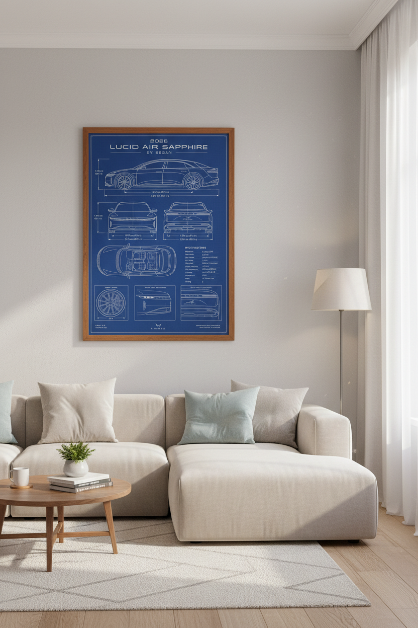 Lucid Air Sapphire Blueprint Print | EV Car Schematic, Garage Wall Art Poster