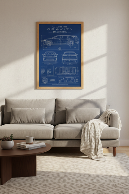 Lucid Gravity Blueprint Wall Art | Electric SUV Technical Poster, Office Decor
