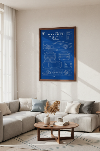 Maserati GranTurismo Blueprint Wall Art | Office Decor | EV Supercar Poster