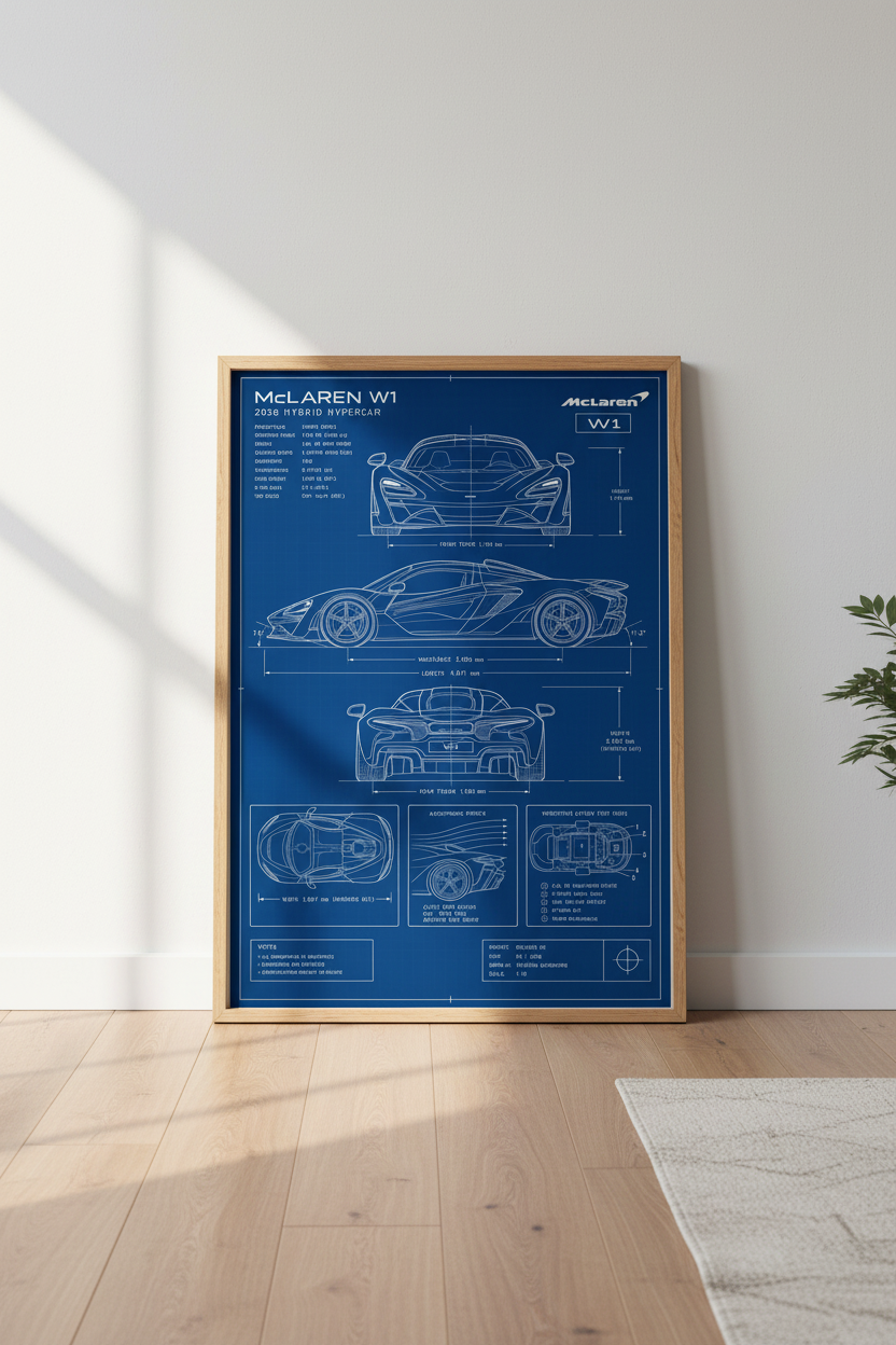 McLaren W1 Blueprint Wall Art | Hypercar Technical Poster, Man Cave Decor