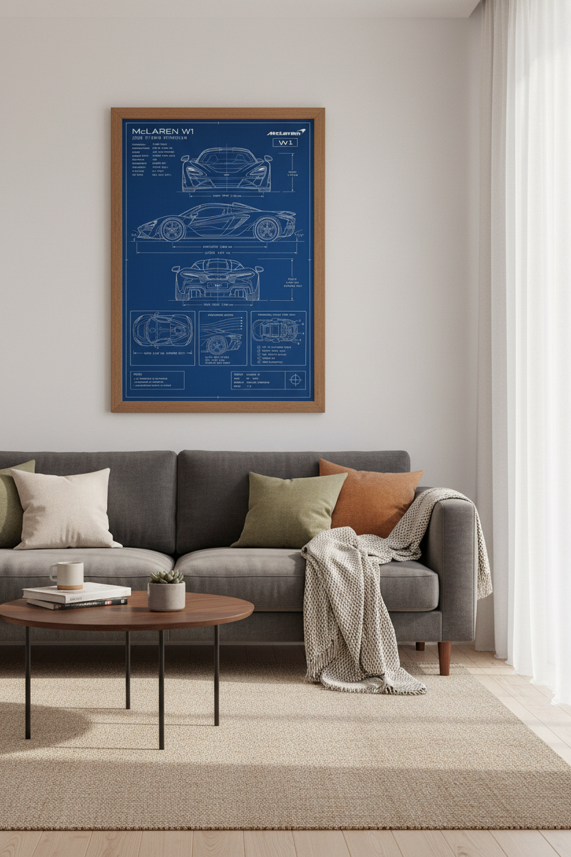 McLaren W1 Blueprint Wall Art | Hypercar Technical Poster, Man Cave Decor