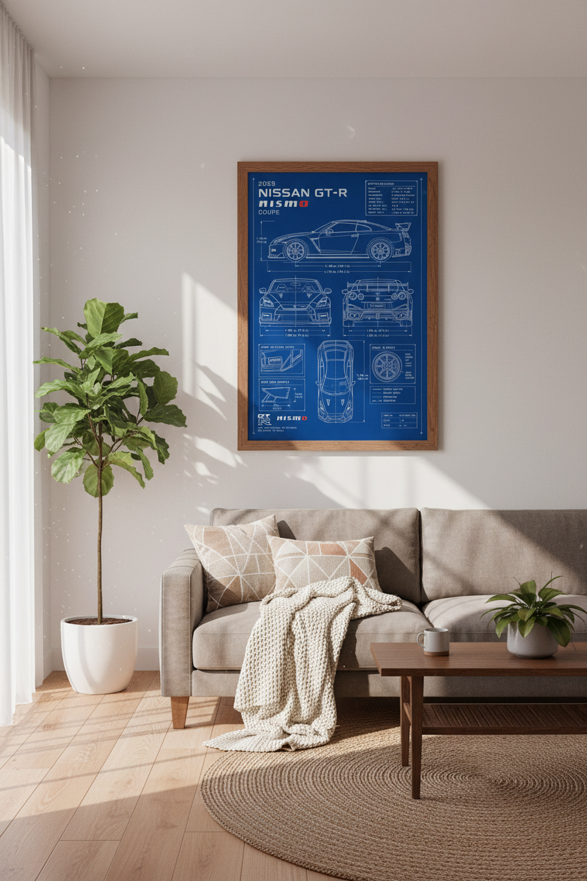 Nissan GT-R Nismo Blueprint Wall Art | Blue Car Detail Poster, Garage Decor
