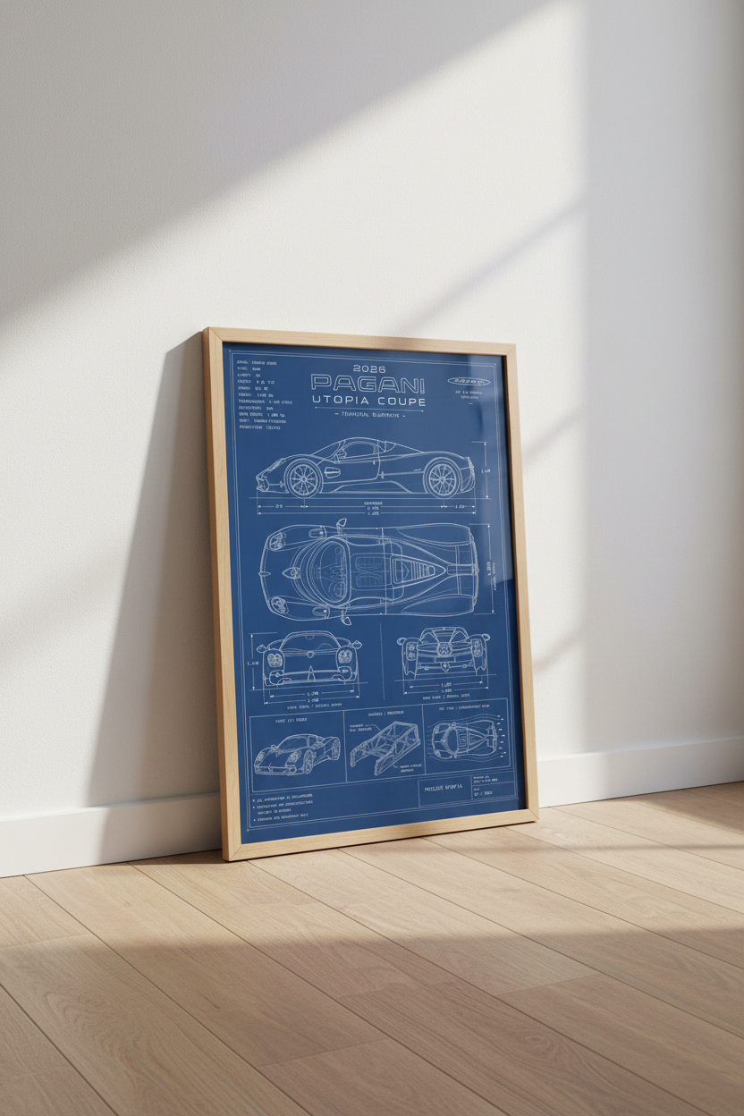 Pagani Utopia Blueprint Wall Art | Blue Supercar Technical Poster, Man Cave Decor