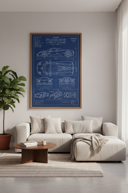 Pagani Utopia Blueprint Wall Art | Blue Supercar Technical Poster, Man Cave Decor