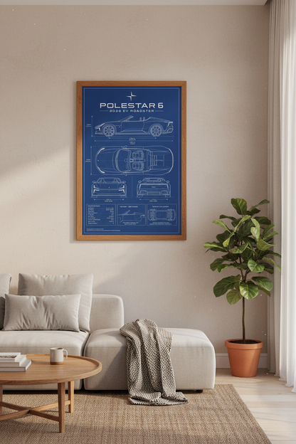 Polestar 6 Blueprint Wall Art | EV Roadster Poster | Modern Office Decor