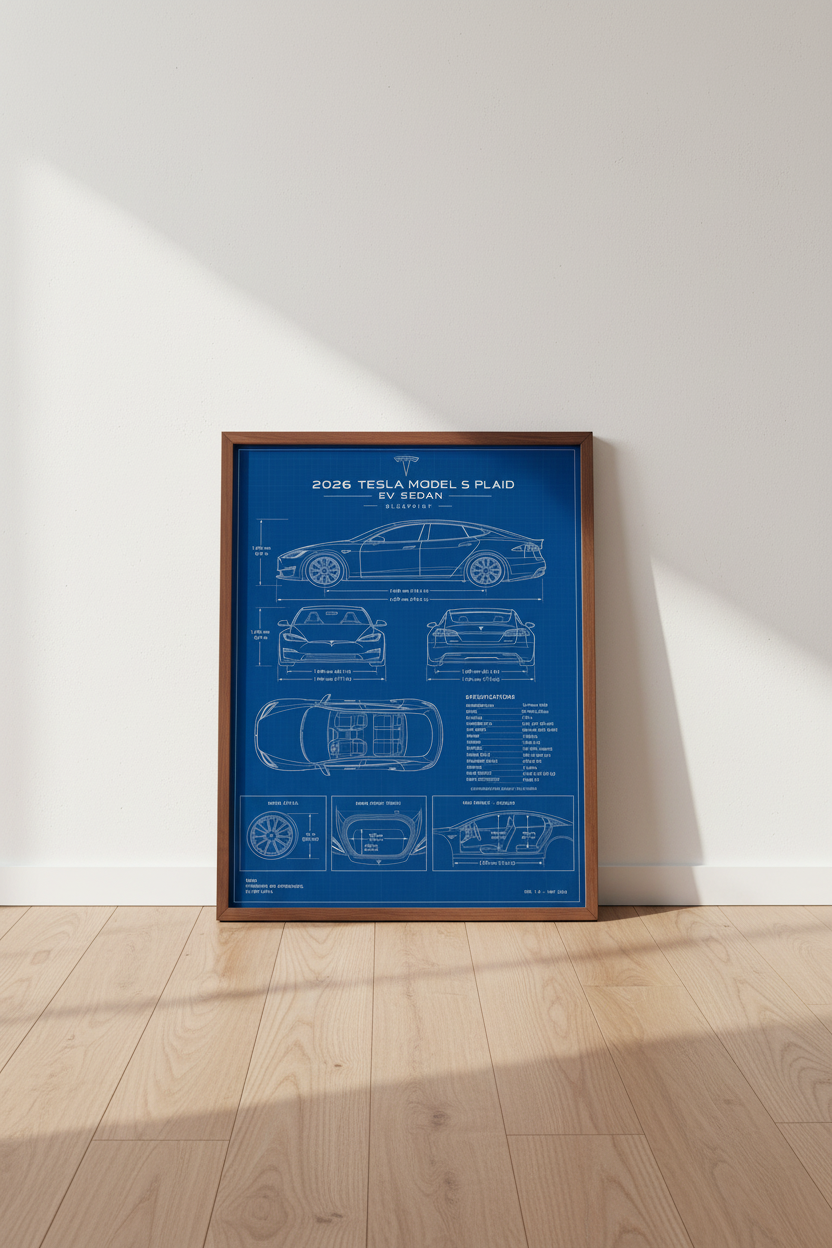 Tesla Model S Plaid Blueprint Wall Art | Garage Decor | Electric Vehicle Poster
