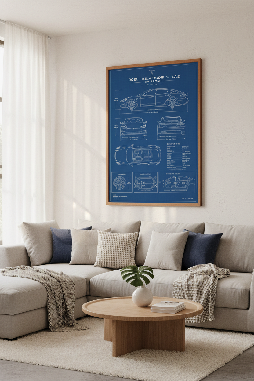 Tesla Model S Plaid Blueprint Wall Art | Garage Decor | Electric Vehicle Poster