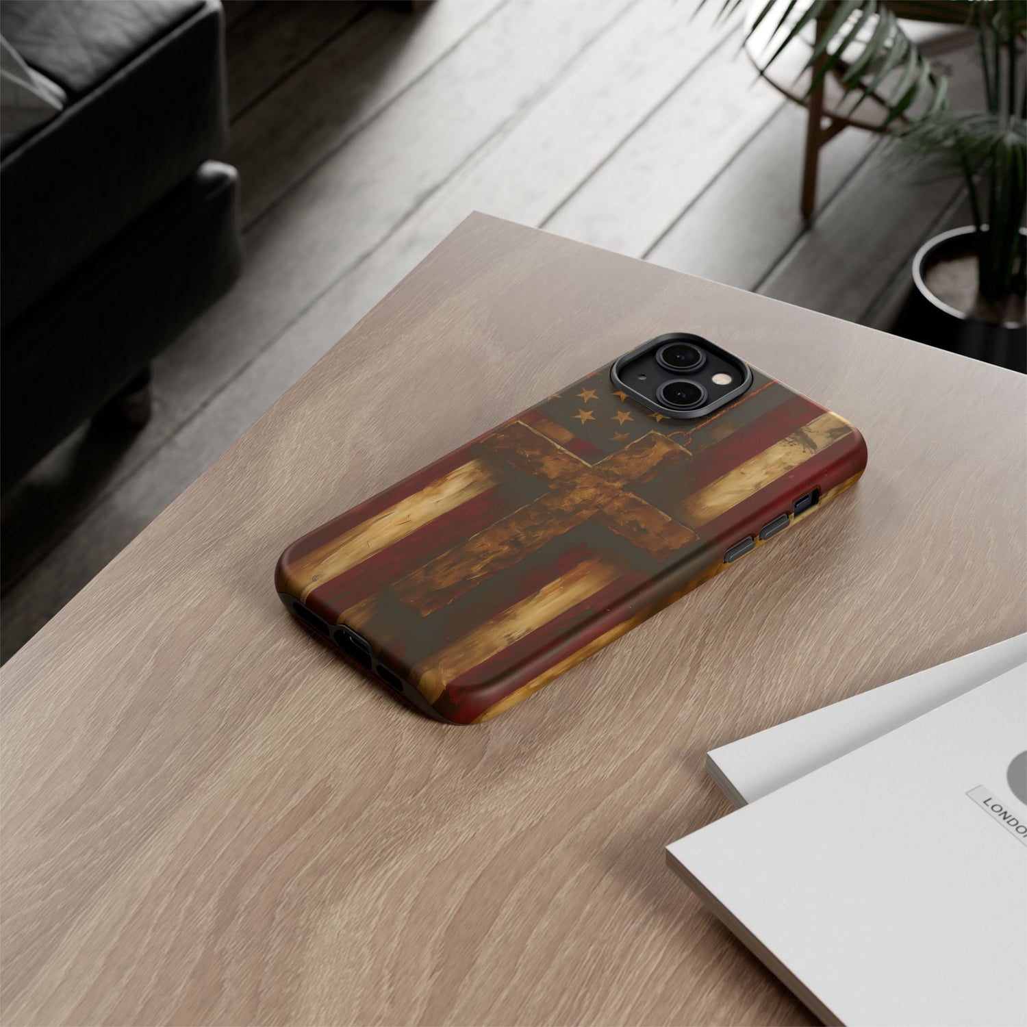 Forged in Faith Phone Case - Rustic Gold Cross &amp; American Flag | Patriotic Christian Case for iPhone, Samsung &amp; Pixel