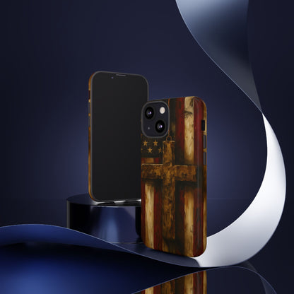 Forged in Faith Phone Case - Rustic Gold Cross &amp; American Flag | Patriotic Christian Case for iPhone, Samsung &amp; Pixel