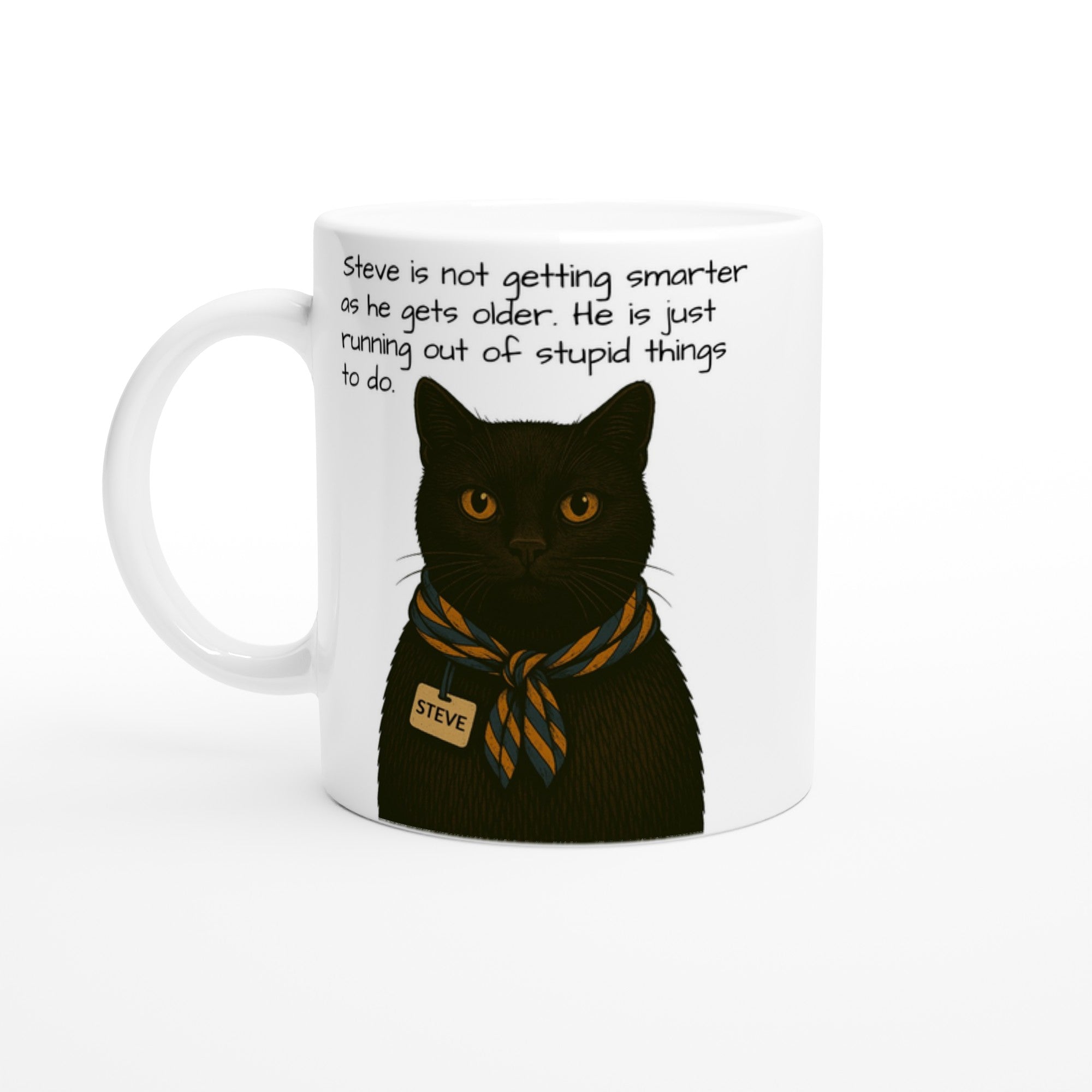 Steve Mysterious Cat Mug – Vintage Black Cat with Scarf – Funny 11oz Coffee Mug for Cat Lovers – Blank Name Tag – Quirky Animal Art Gift Ceramic White