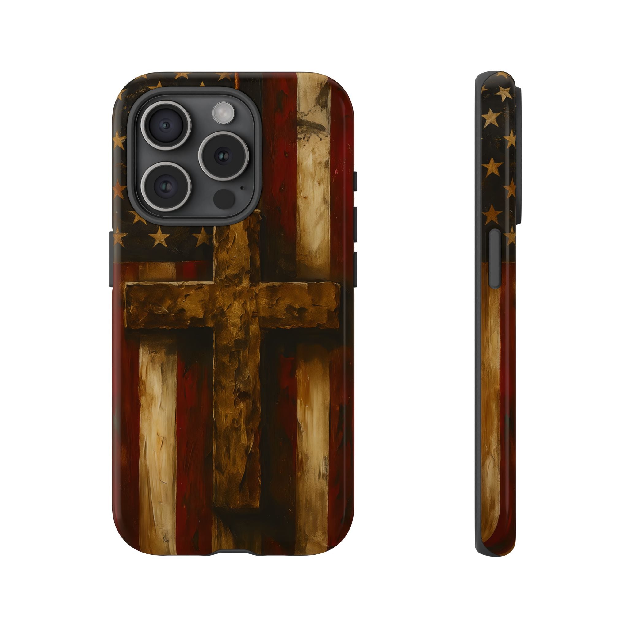 Forged in Faith Phone Case - Rustic Gold Cross &amp; American Flag | Patriotic Christian Case for iPhone, Samsung &amp; Pixel iPhone 15 Pro Glossy