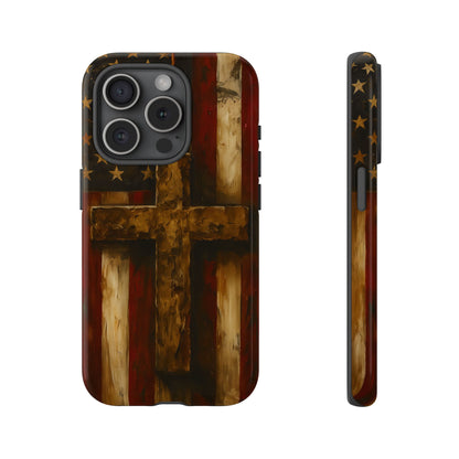 Forged in Faith Phone Case - Rustic Gold Cross &amp; American Flag | Patriotic Christian Case for iPhone, Samsung &amp; Pixel iPhone 15 Pro Glossy