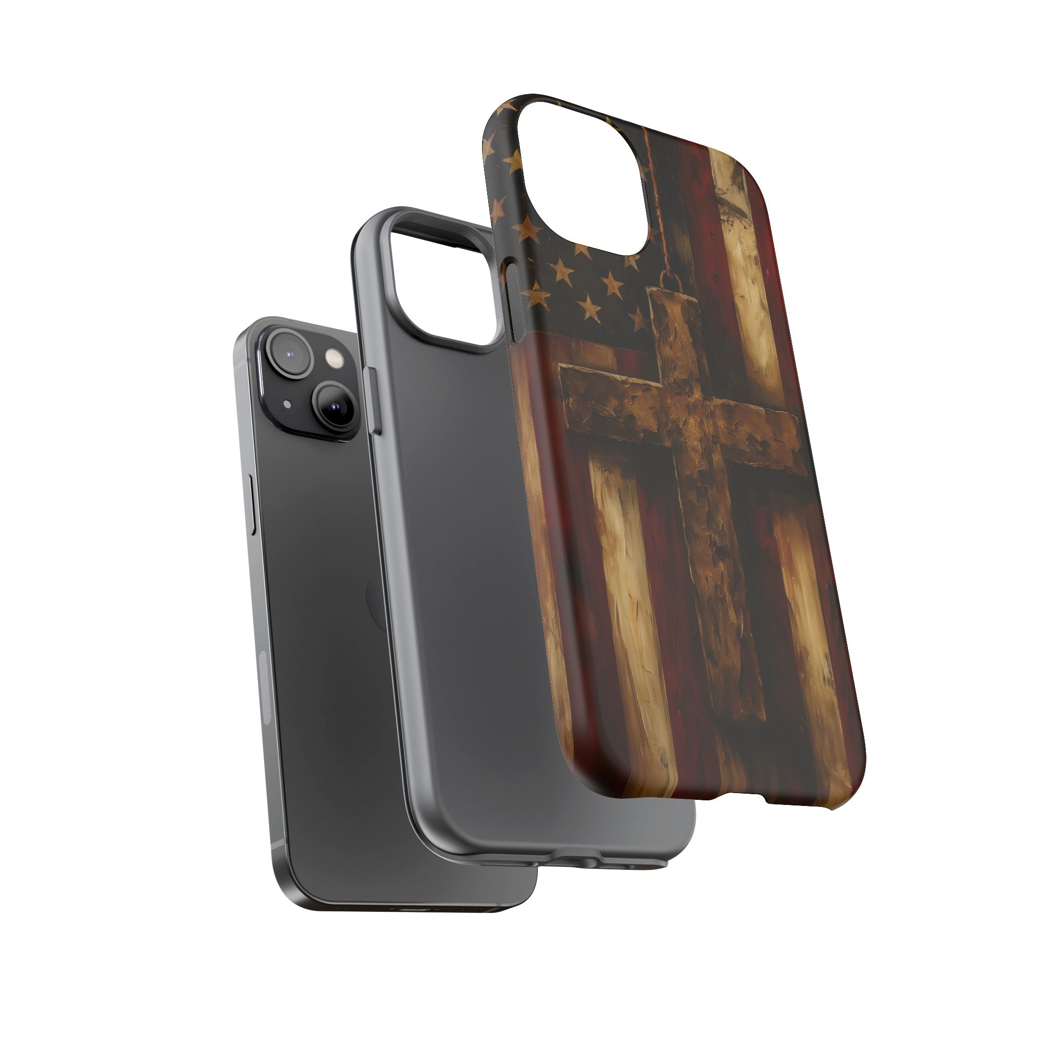 Forged in Faith Phone Case - Rustic Gold Cross &amp; American Flag | Patriotic Christian Case for iPhone, Samsung &amp; Pixel