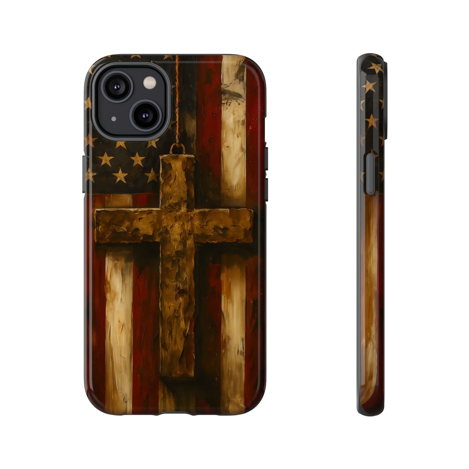 Forged in Faith Phone Case - Rustic Gold Cross &amp; American Flag | Patriotic Christian Case for iPhone, Samsung &amp; Pixel iPhone 14 Plus Glossy