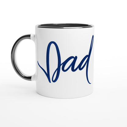 Dad Mug - Blue Brush Script Mug with Heart – Elegant Blue Calligraphy 11oz Coffee Cup – Father’s Day or Birthday Gift for Dad Ceramic Black