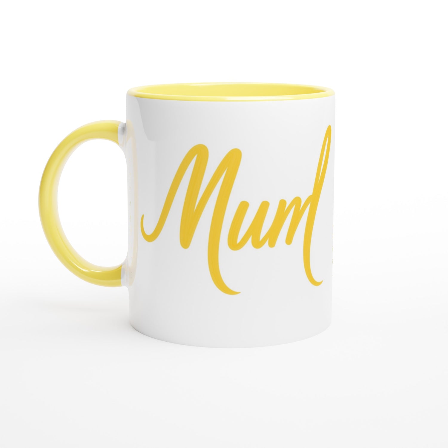 Mum Mug - Blue Brush Script Mug with Heart – Bold Blue Calligraphy 11oz Coffee Cup – Mother’s Day or Birthday Gift for Mum Ceramic Yellow