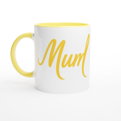 Mum Mug - Blue Brush Script Mug with Heart – Bold Blue Calligraphy 11oz Coffee Cup – Mother’s Day or Birthday Gift for Mum Ceramic Yellow
