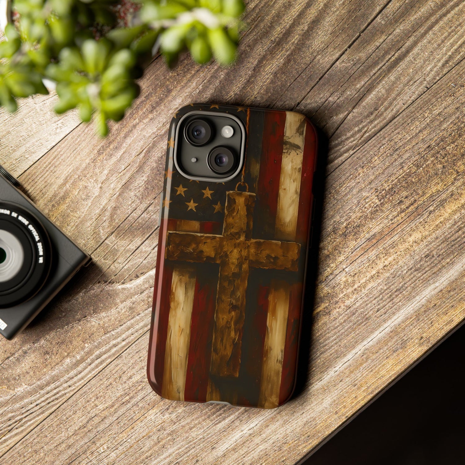 Forged in Faith Phone Case - Rustic Gold Cross &amp; American Flag | Patriotic Christian Case for iPhone, Samsung &amp; Pixel