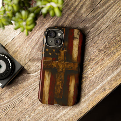 Forged in Faith Phone Case - Rustic Gold Cross &amp; American Flag | Patriotic Christian Case for iPhone, Samsung &amp; Pixel