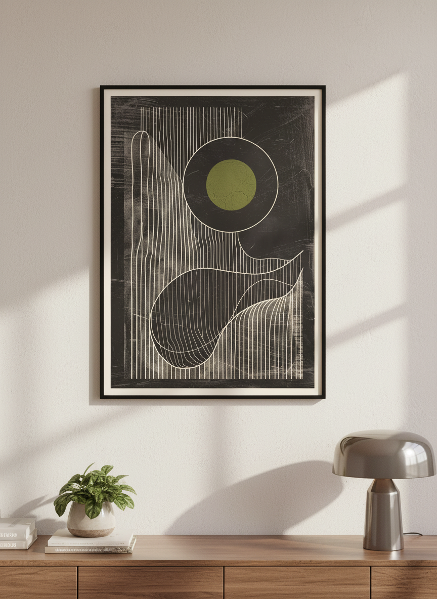 Olive Eclipse: Linear Noir Abstraction - Modern Minimalist Wall Art Print