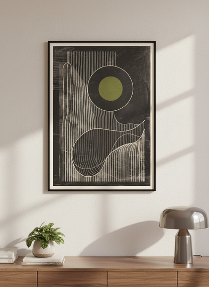 Olive Eclipse: Linear Noir Abstraction - Modern Minimalist Wall Art Print
