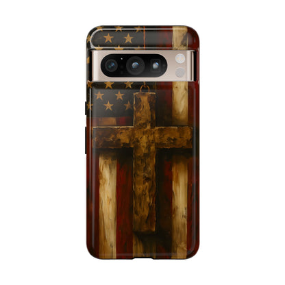Forged in Faith Phone Case - Rustic Gold Cross &amp; American Flag | Patriotic Christian Case for iPhone, Samsung &amp; Pixel Google Pixel 8 Pro Glossy