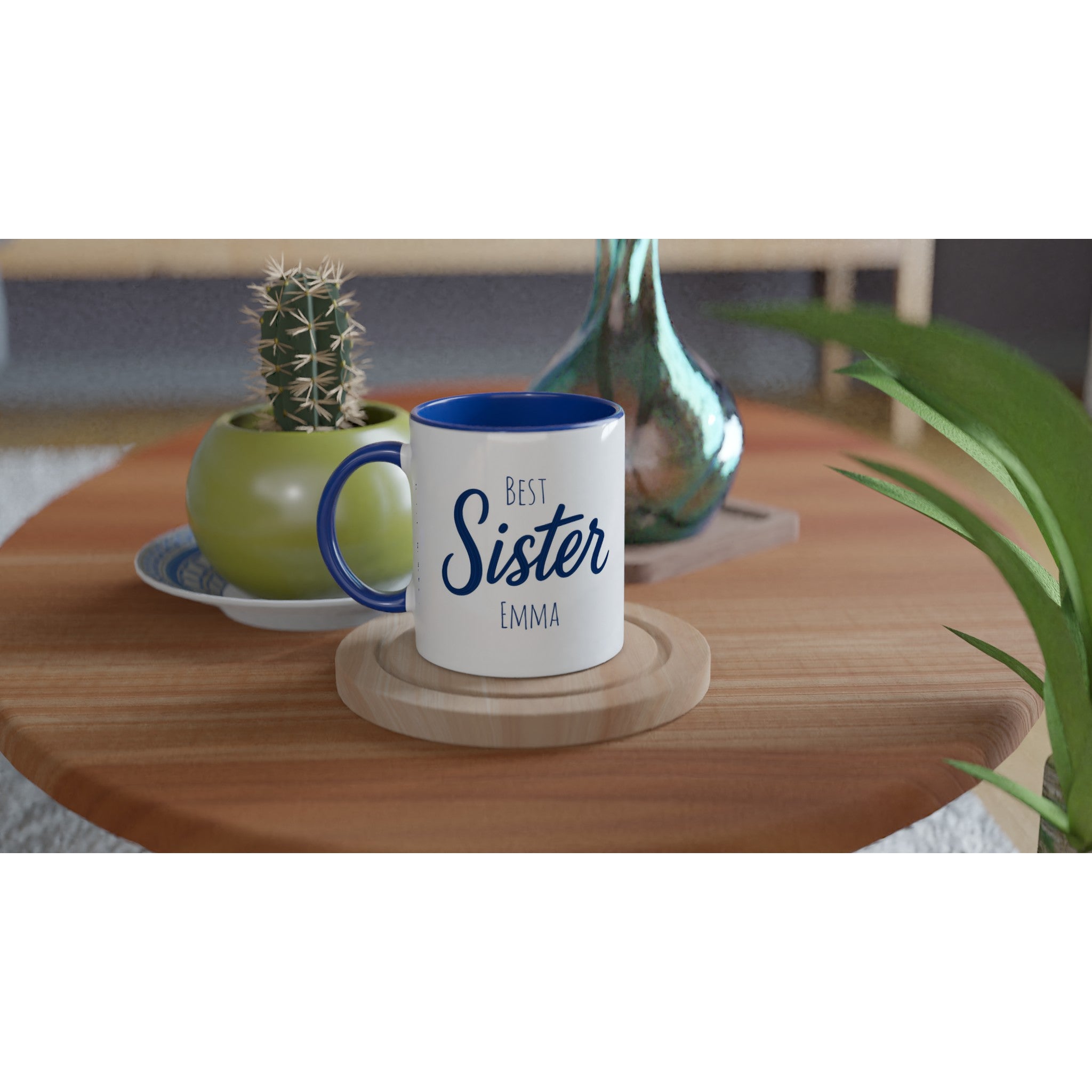 Sister Mug - Blue Brush Script Mug with Heart – Elegant Blue Calligraphy 11oz Coffee Cup – Gift for Sister, Birthday or Everyday Surprise
