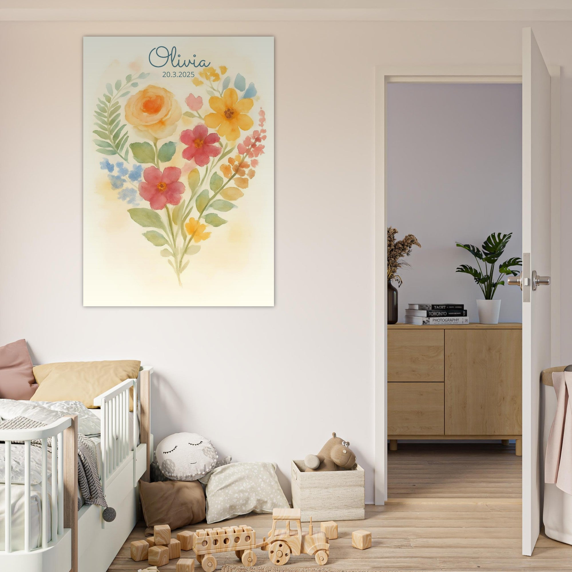 Personalized Floral Heart Nursery Print – Custom Name &amp; Date Baby Girl Wall Art – Watercolor Flowers Poster – Newborn Gift for Girls Room