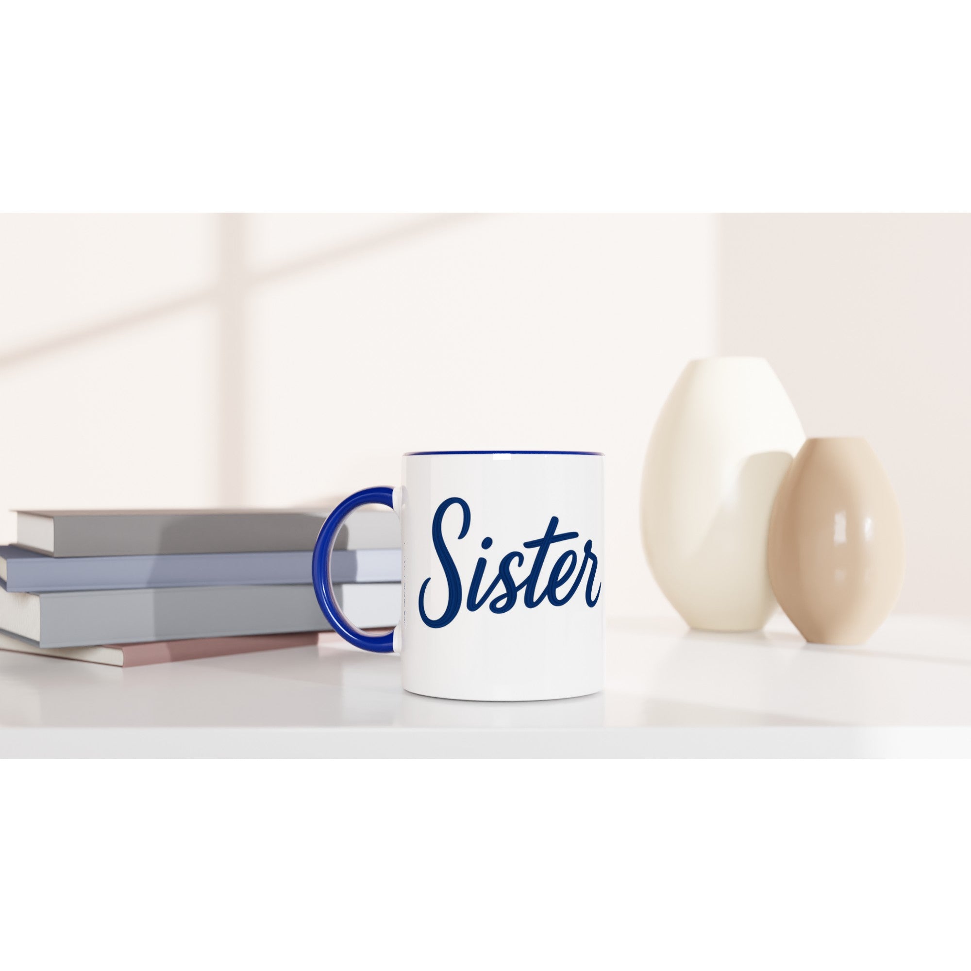 Sister Mug - Blue Brush Script Mug with Heart – Elegant Blue Calligraphy 11oz Coffee Cup – Gift for Sister, Birthday or Everyday Surprise