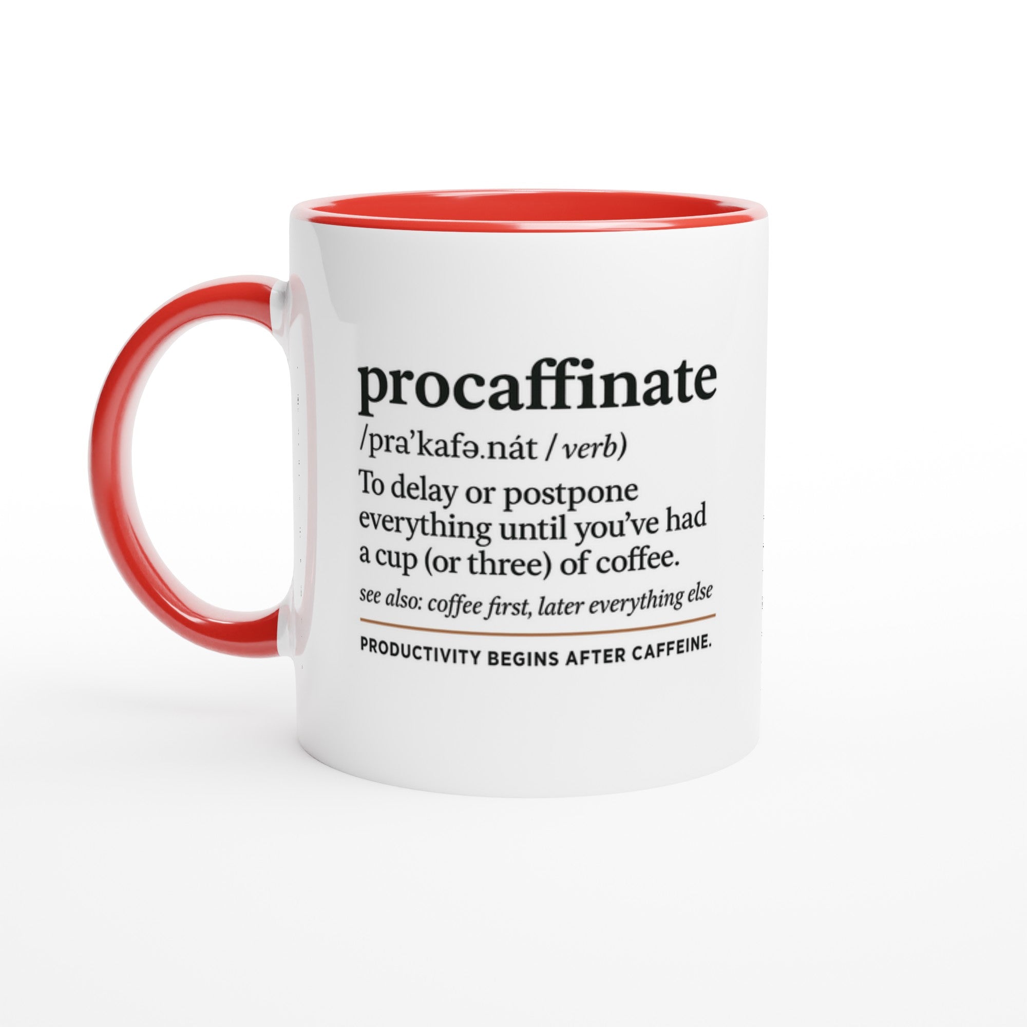 Procaffinate Mug - Funny Coffee Cup - Ceramic 11oz for Coffee Lovers - Gift for Caffeine Addicts Ceramic Red