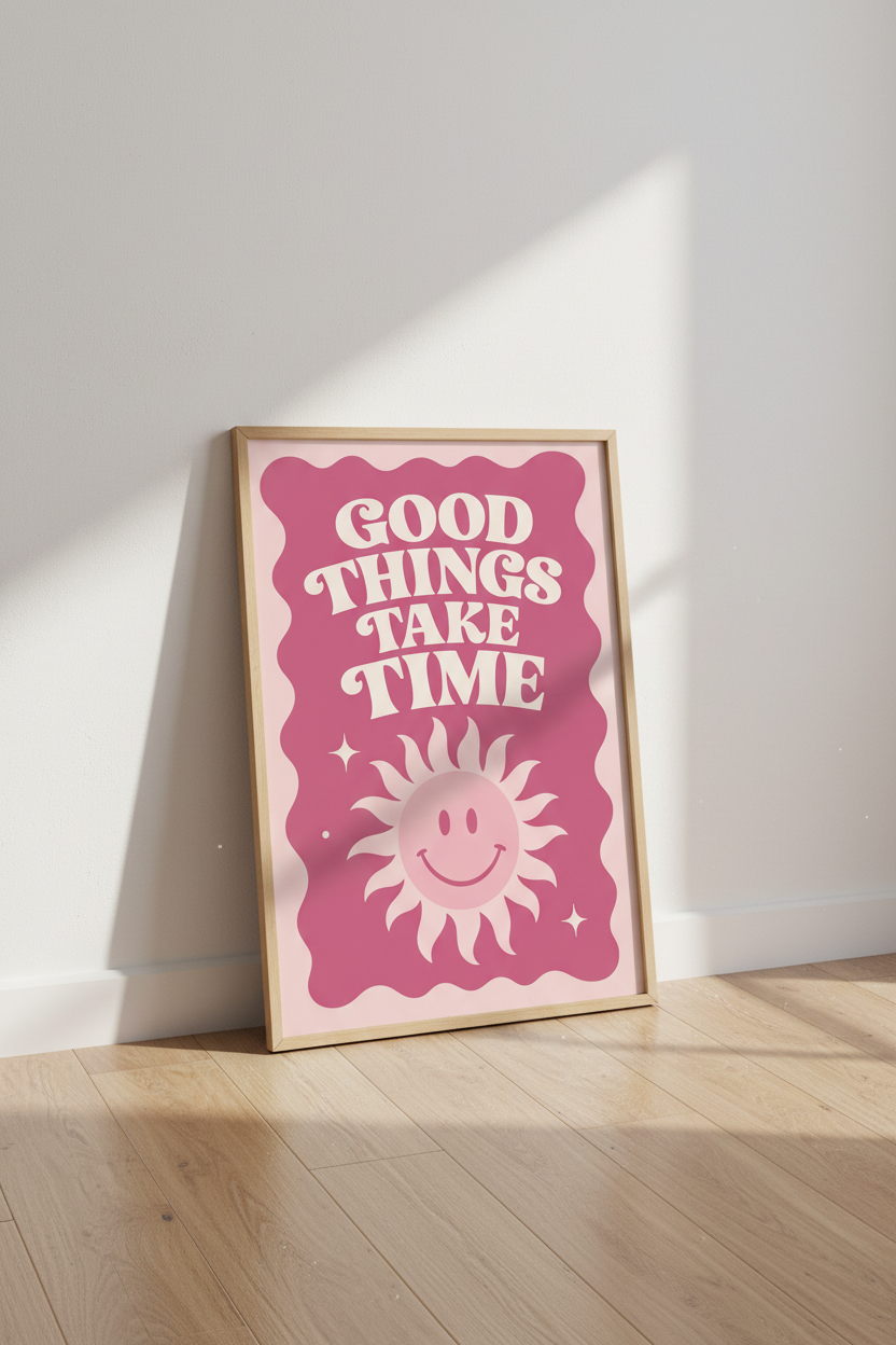 Good Things Take Time Wall Art | Pink Retro Sun Quote Poster | Trendy Dorm Room Decor