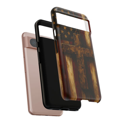 Forged in Faith Phone Case - Rustic Gold Cross &amp; American Flag | Patriotic Christian Case for iPhone, Samsung &amp; Pixel
