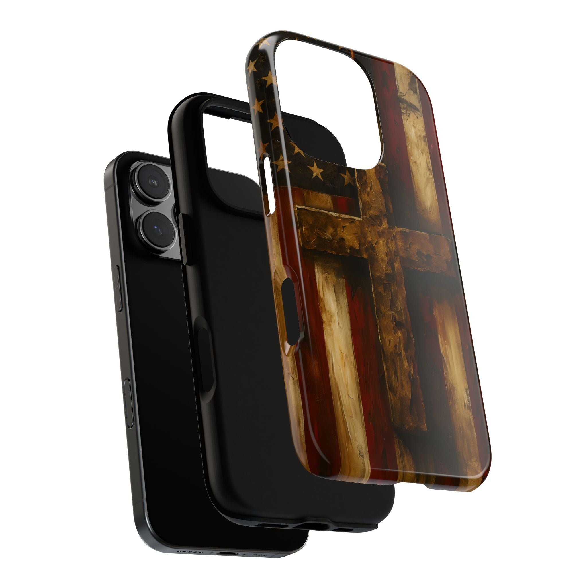 Forged in Faith Phone Case - Rustic Gold Cross &amp; American Flag | Patriotic Christian Case for iPhone, Samsung &amp; Pixel